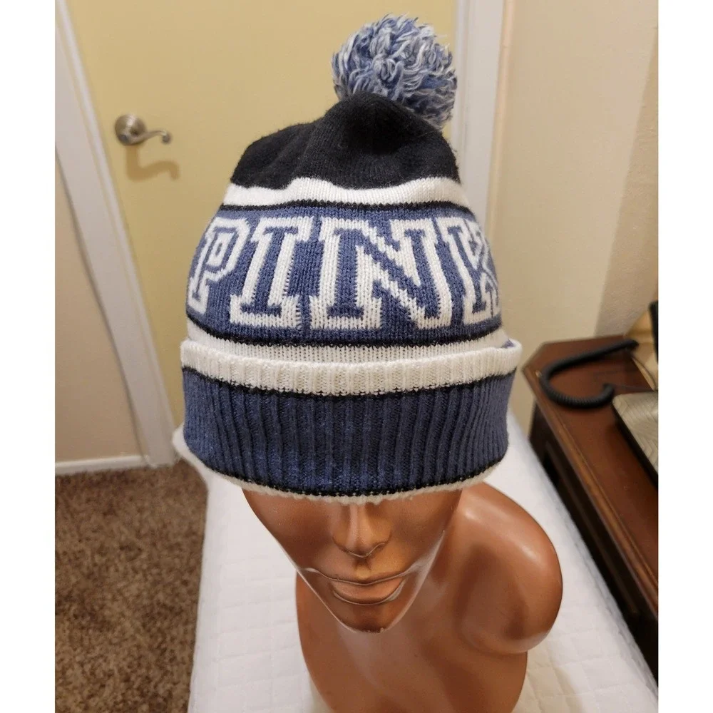 Victorias Secret PINK Nation Blue White Black Pom Pom Beanie Cozy Hat Snow Bunny